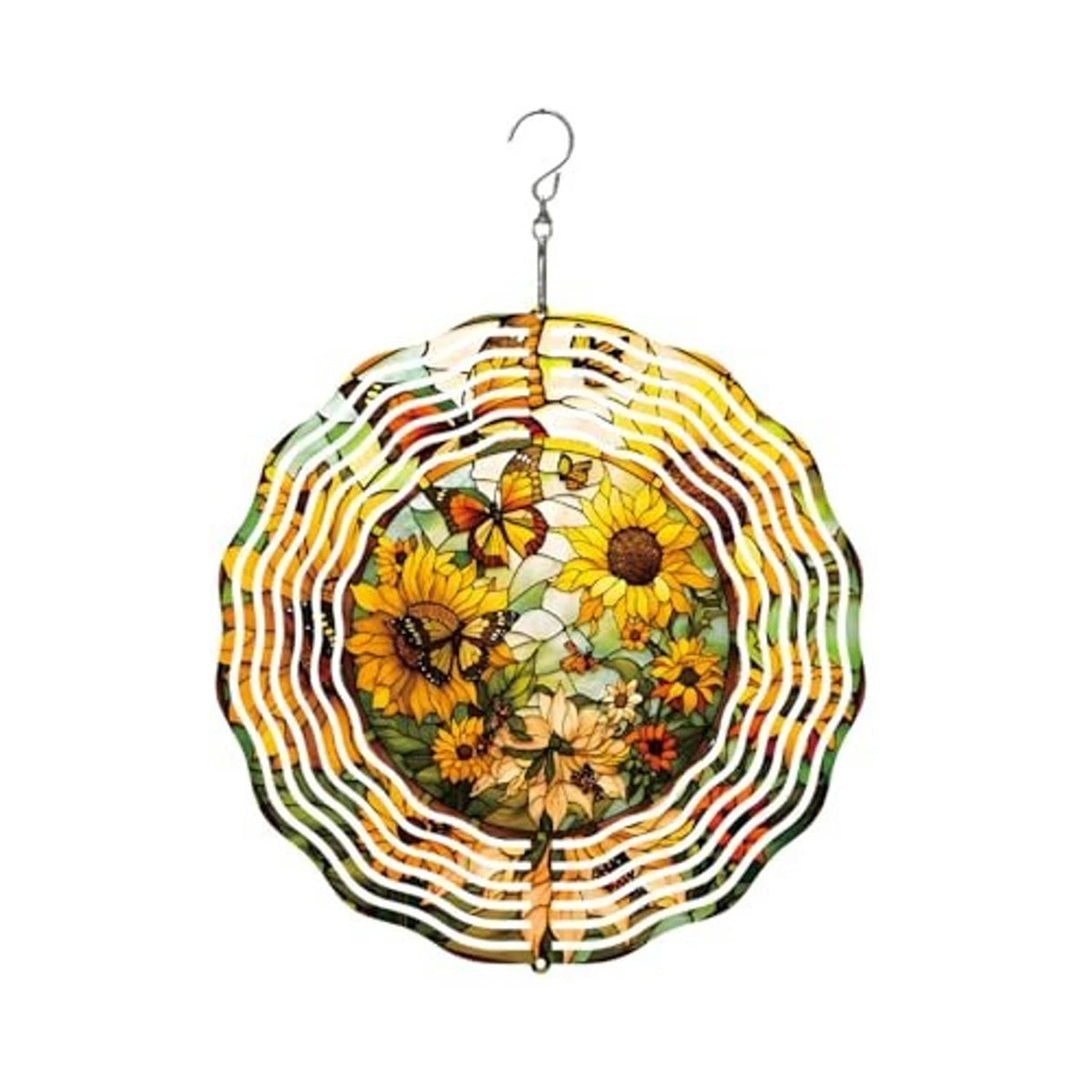 Hanging circular metal wind spinner with sunflower and butterfly floral print, wavy spokes