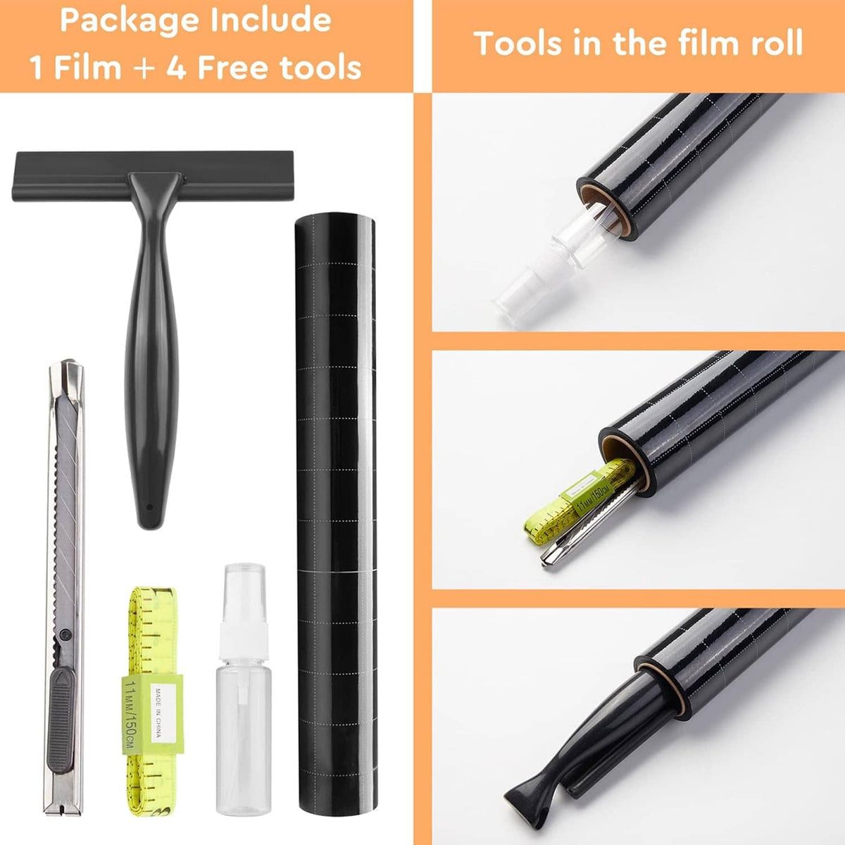 Blackout window film roll with squeegee, utility blade, tape measure, and tool kit