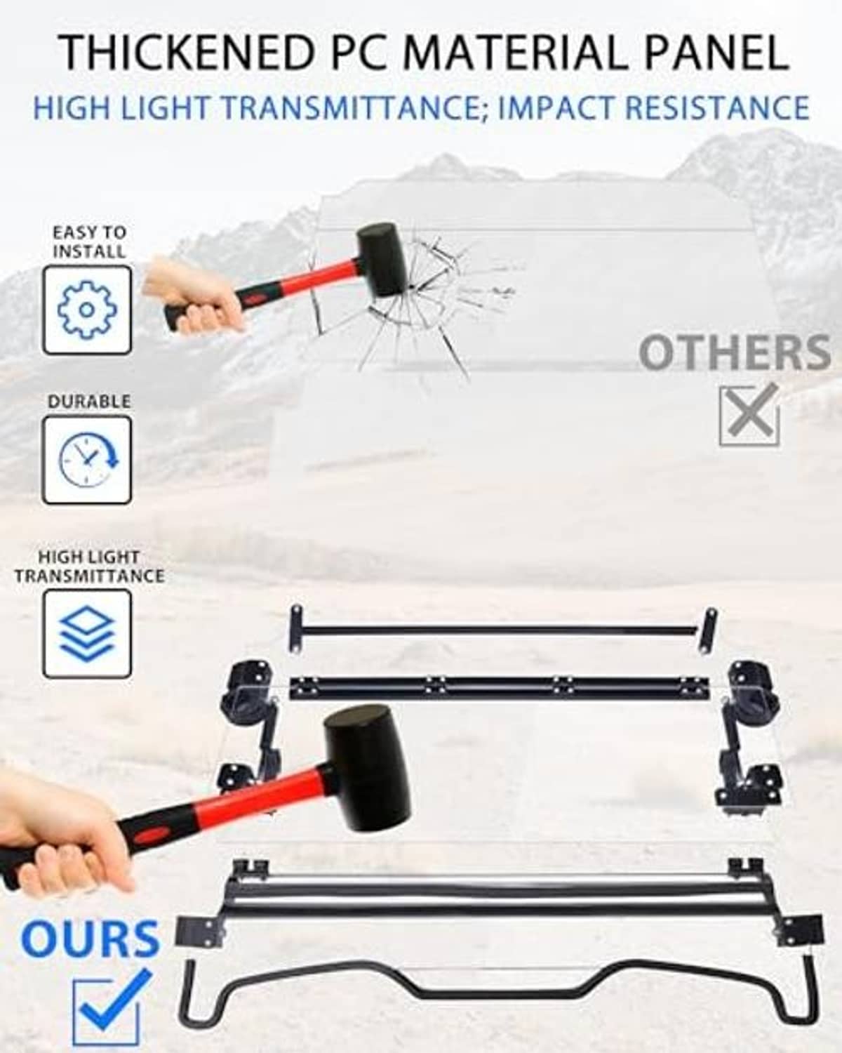 Thickened PC windshield panel with mounting frame and side clamps