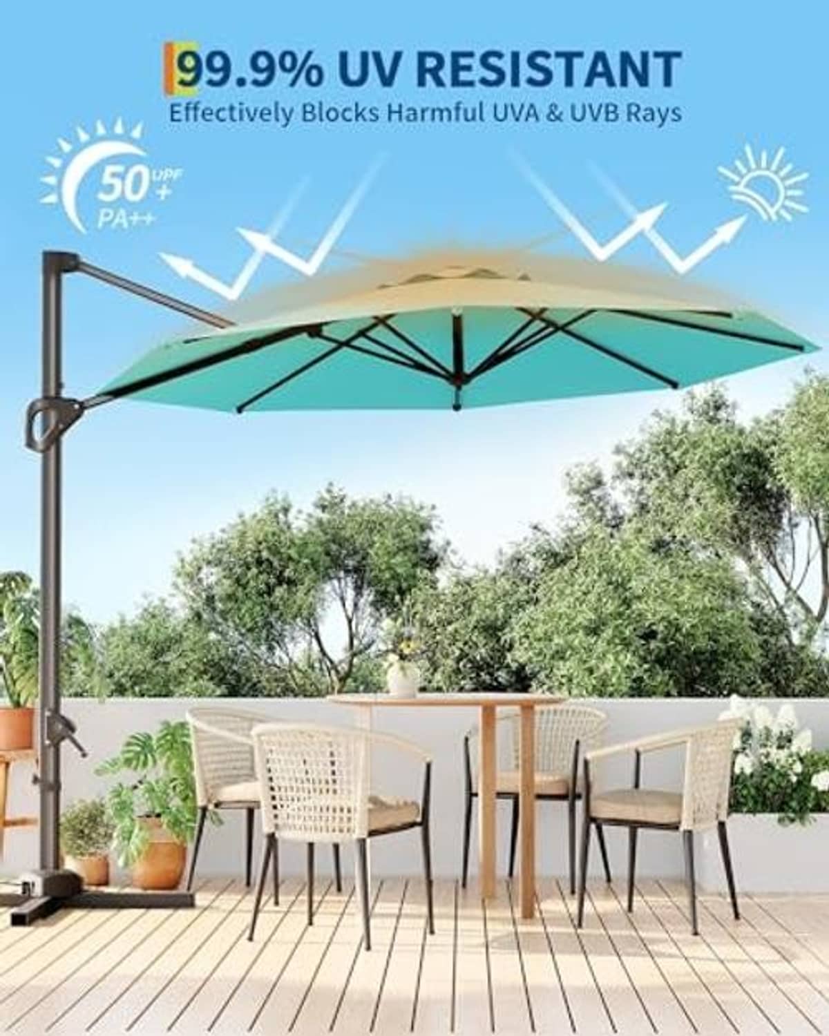 Turquoise cantilever patio umbrella with open canopy and dark support pole for shade.