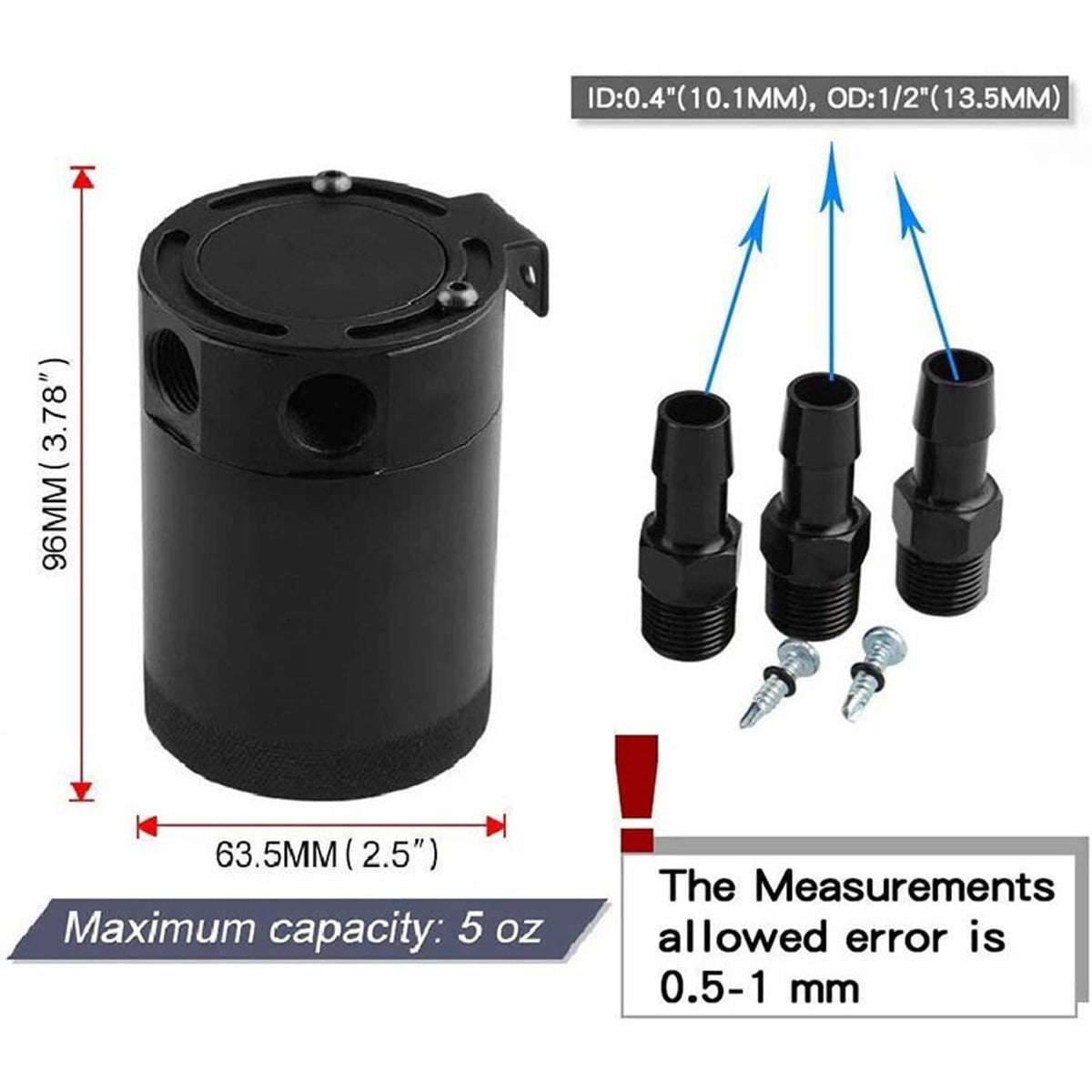 Black 3-port oil catch can with threaded ports and included fittings