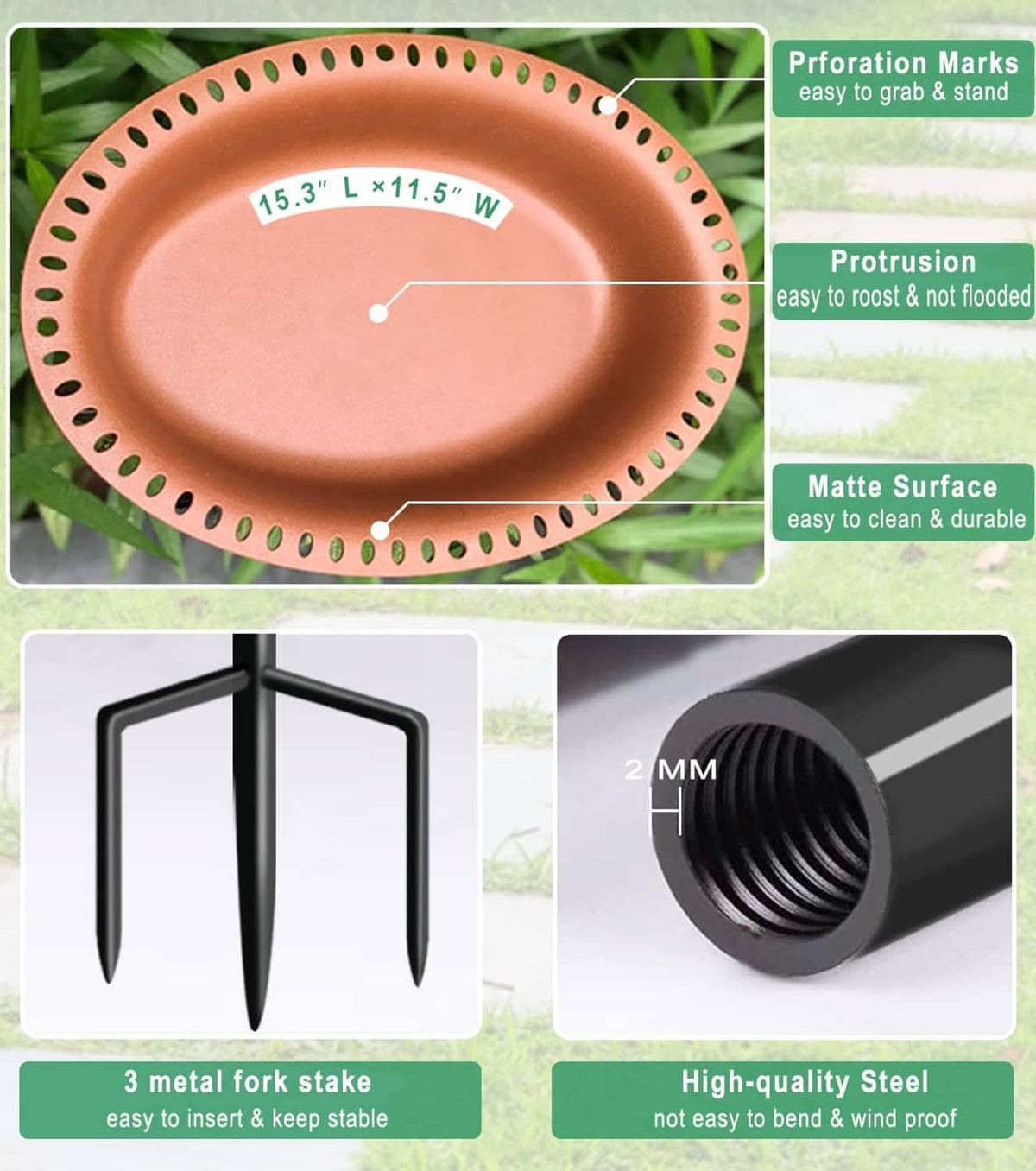 Brown bird bath basin underside showing perforation pattern and mounting details with forks.