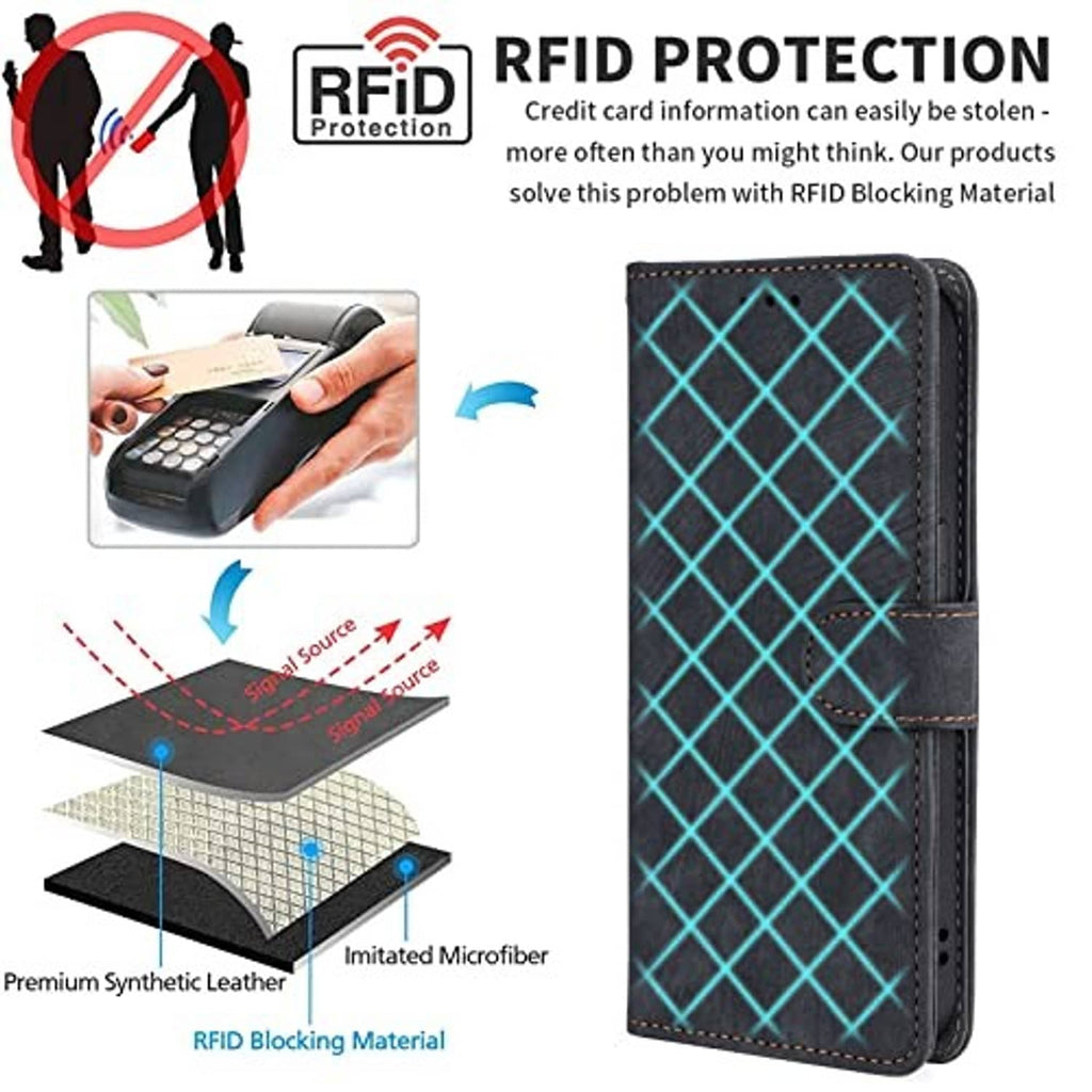 Purple flip wallet case with RFID-blocking card slots and windowless interior