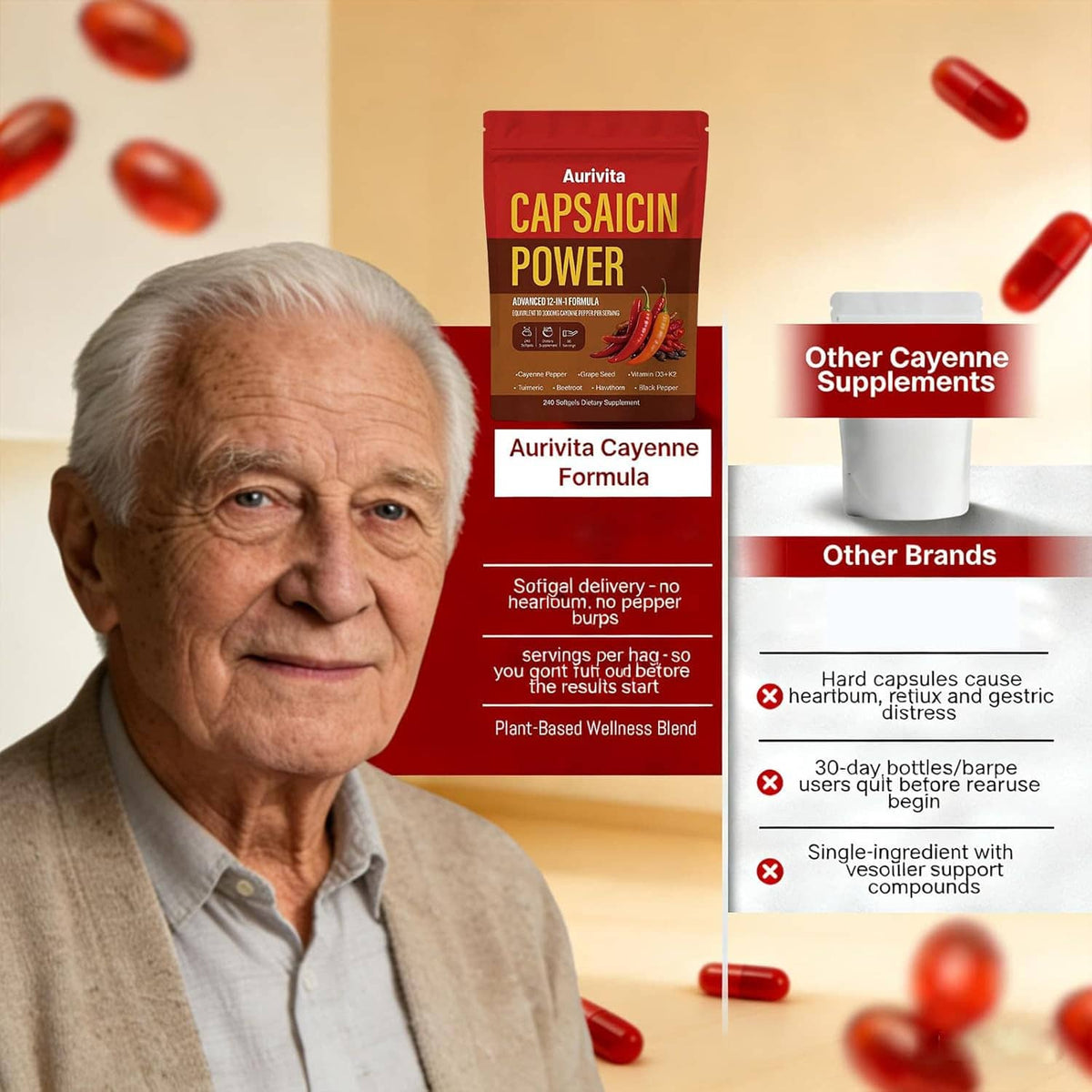 Aurivita Capsaicin Power softgels pouch with label and comparison infographic