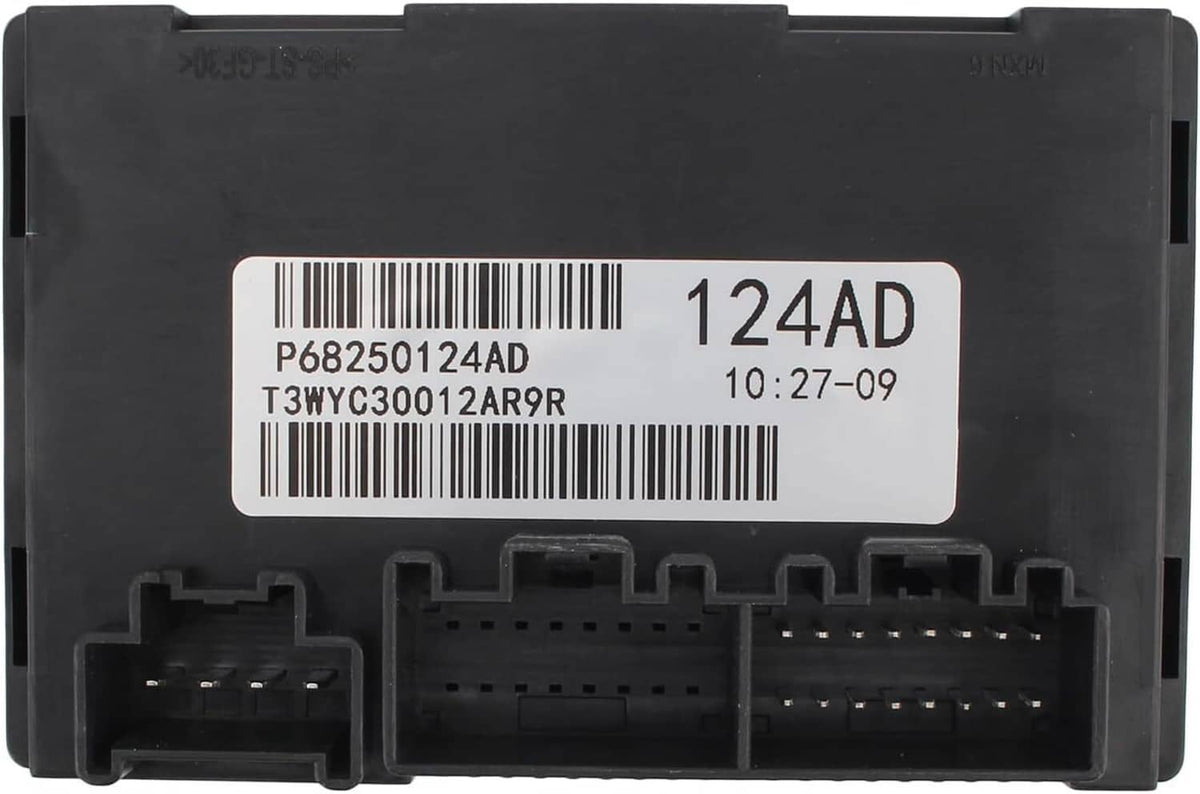 Black transfer case control module with label and multi-pin connector ports