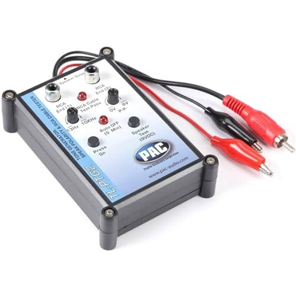 Compact tone generator and speaker polarity tester with RCA leads and control knobs