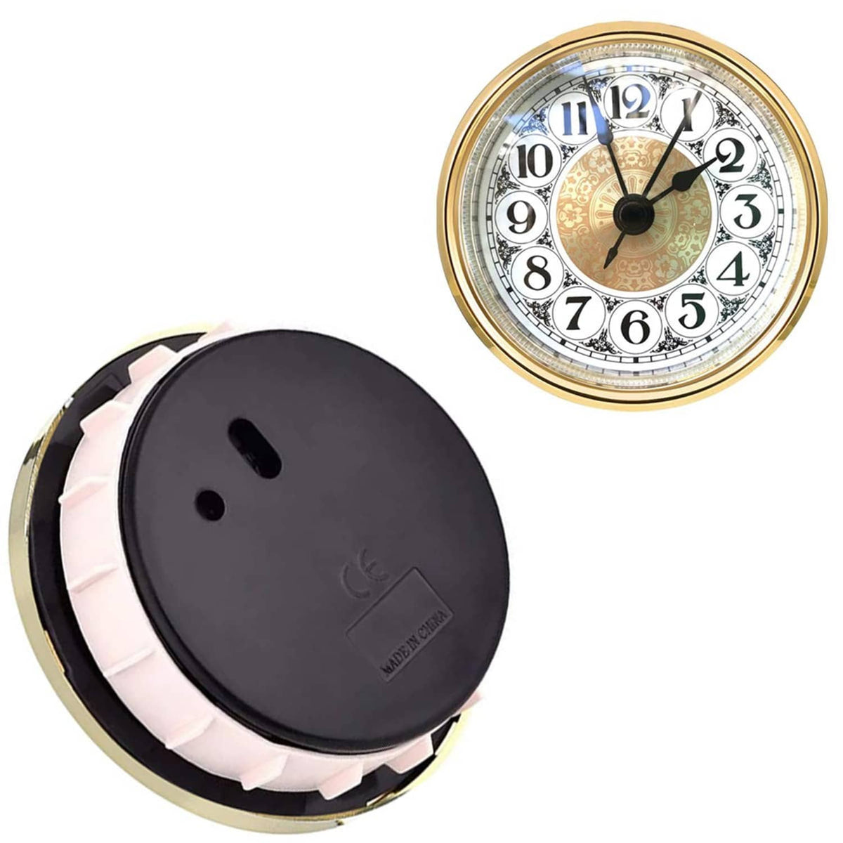 Round clock insert with black back housing, gold rim, and light pink mounting ring