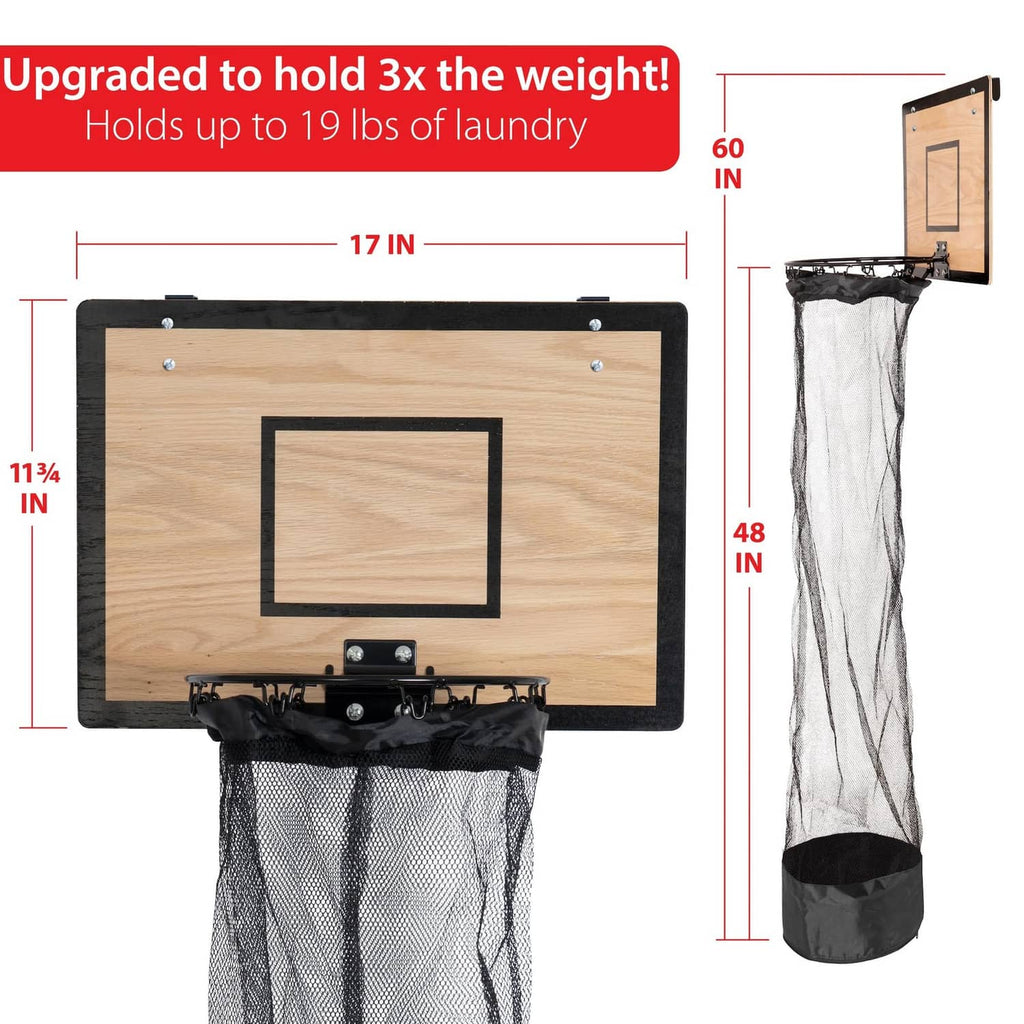 Basketball hoop laundry hamper with mesh bag and wooden backboard on mounting hardware
