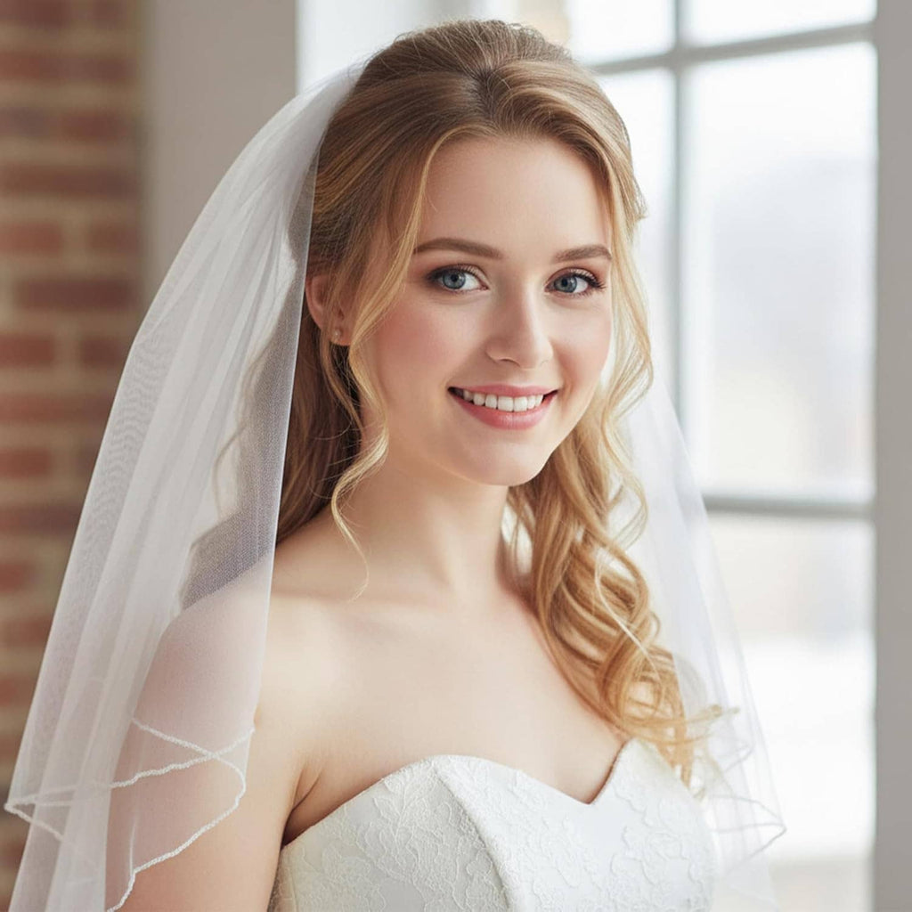 White short tulle veil covering hair, soft layered look on a smiling bride