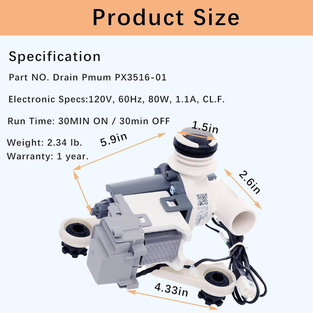 Washer drain pump assembly with size measurements and part specifications