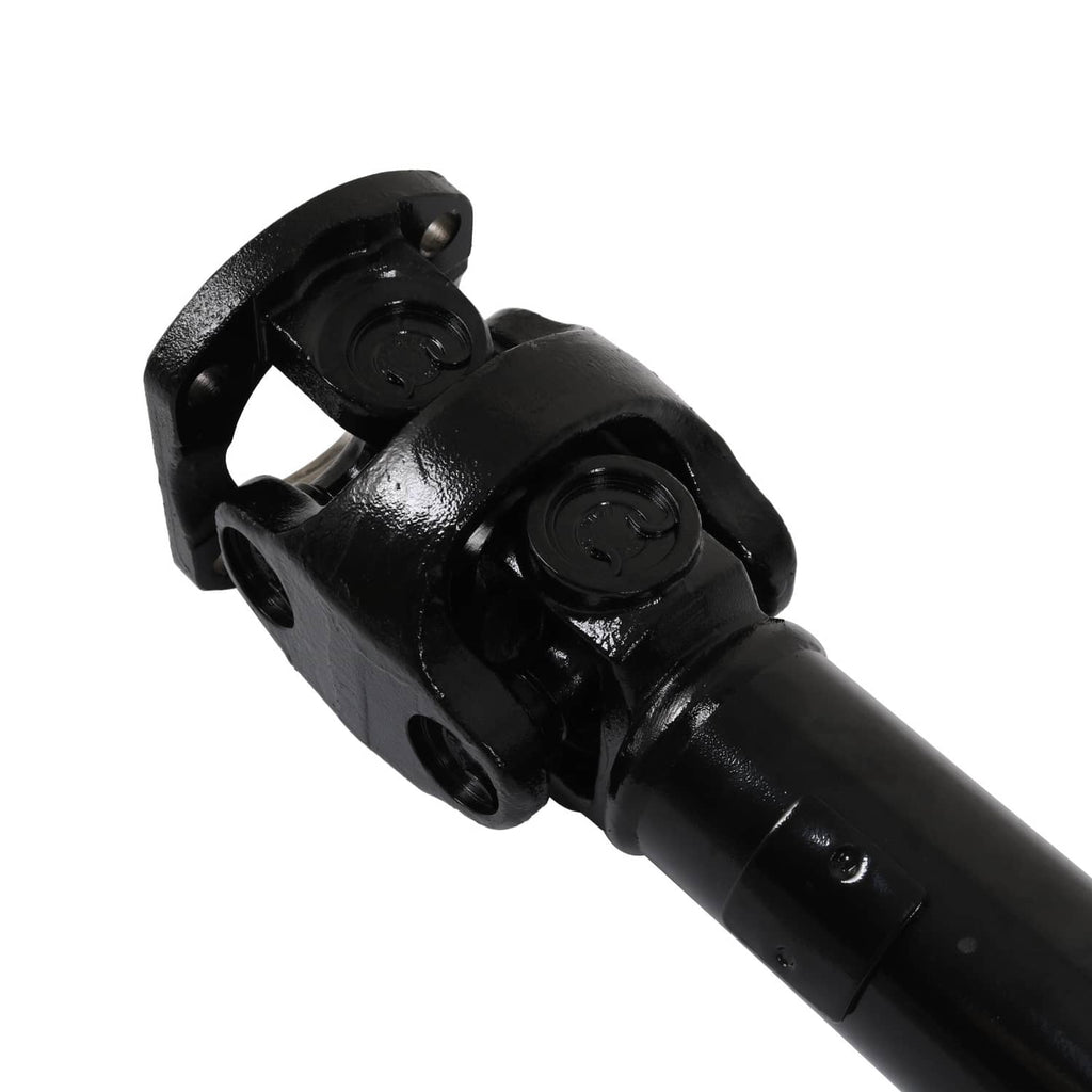 Front driveshaft yoke with U-joint, dark metal shaft and mounting flanges