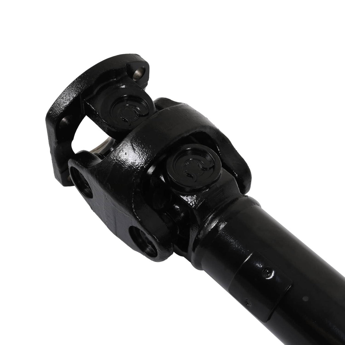 Front driveshaft yoke with U-joint, dark metal shaft and mounting flanges