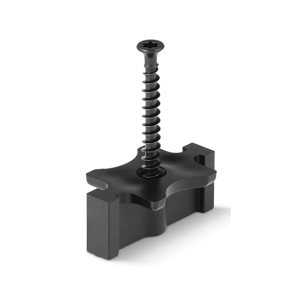 Black T-clip deck fastener with screw hole, hidden composite decking bracket