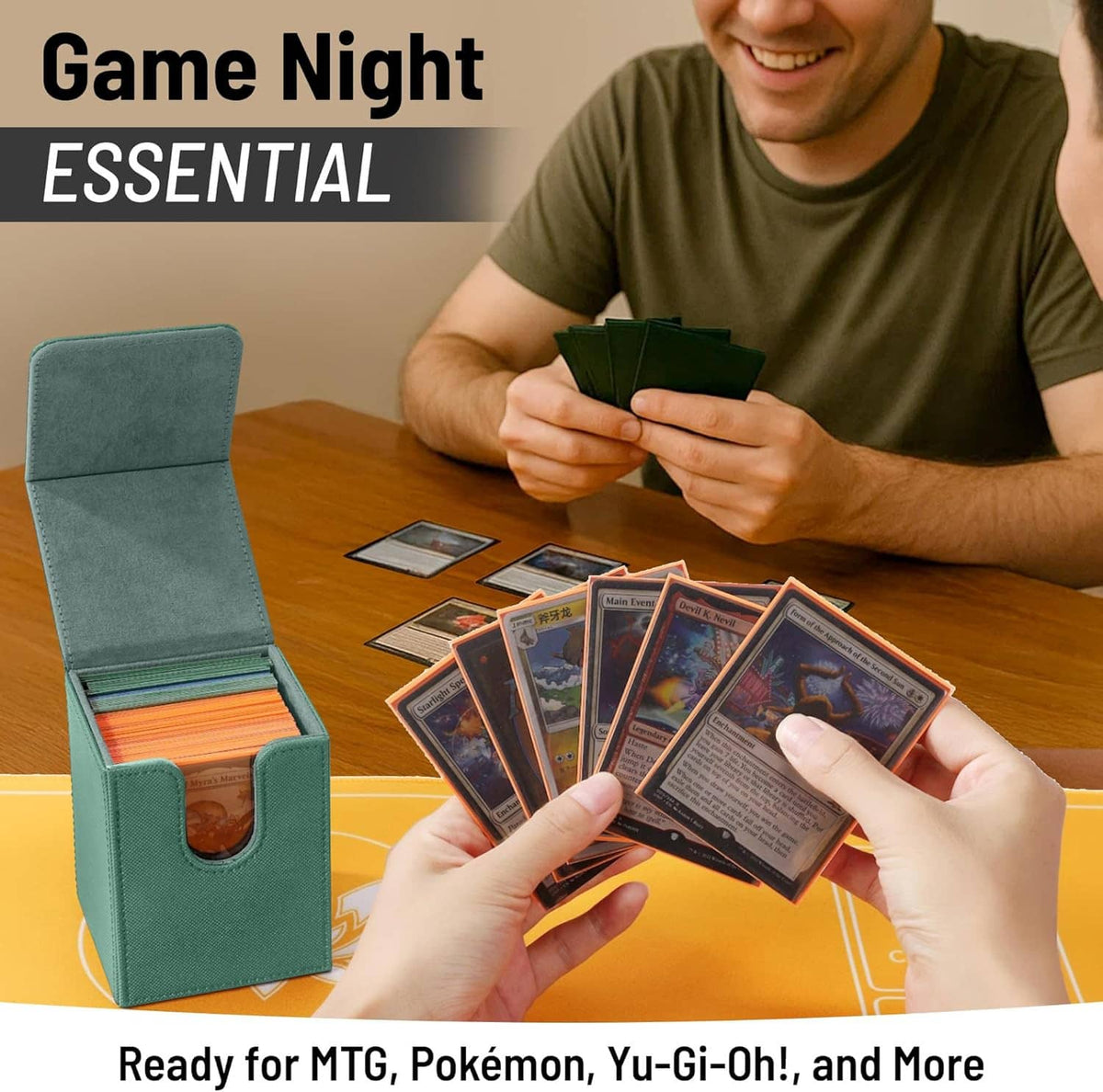 Teal green deck box partially open on tabletop, showing interior divider area