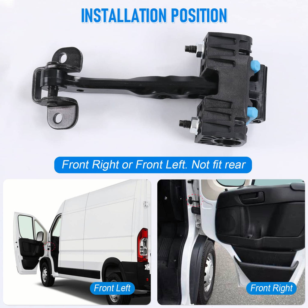 Front door check strap assembly with mounting points for front left or front right