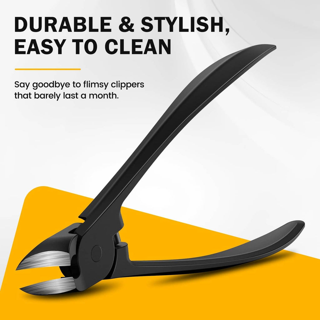 Black thick toe nail clippers with open jaw and curved cutting blades