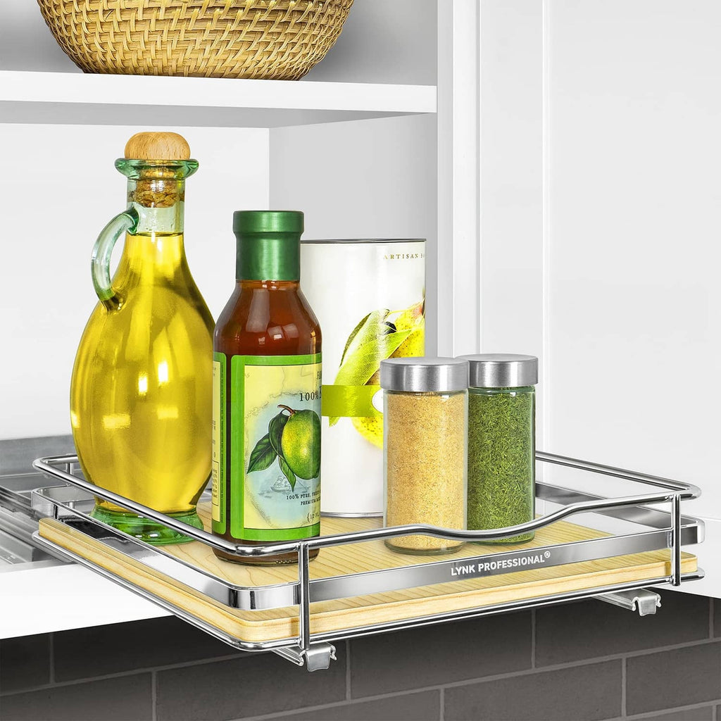 1-tier pull-out spice rack with chrome frame and wood tray, holding bottles and jars