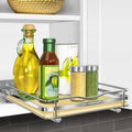 1-tier pull-out spice rack with chrome frame and wood tray, holding bottles and jars