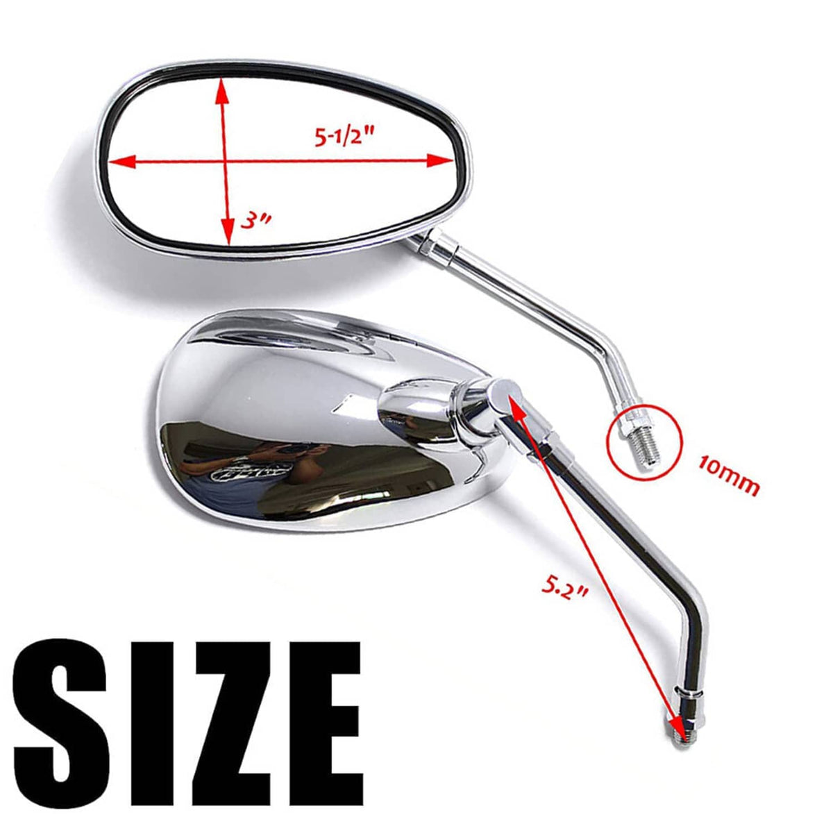 Chrome oval motorcycle mirror with long stem and mounting screw hardware