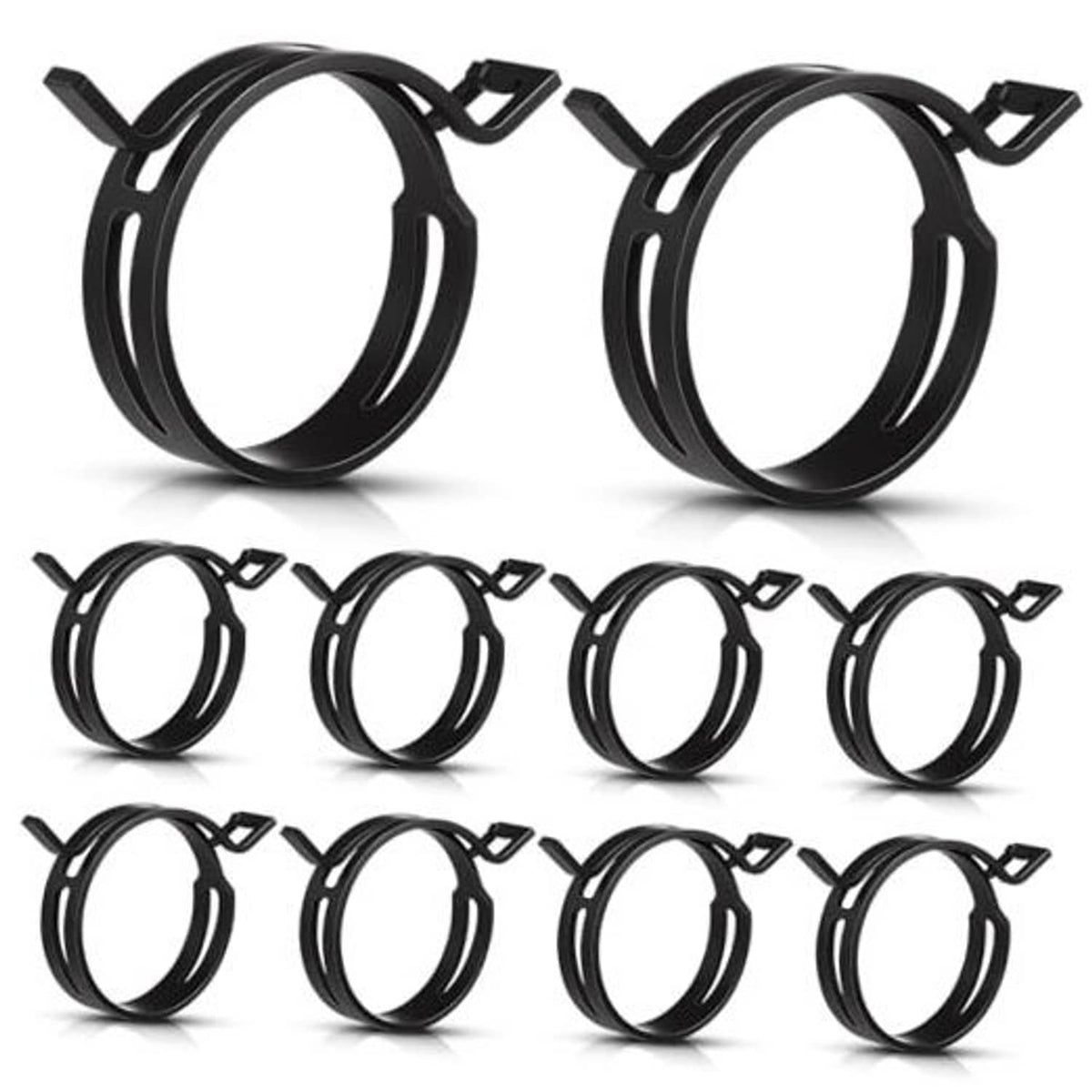 Black constant-tension band hose clamps, two-piece set with mounting tabs