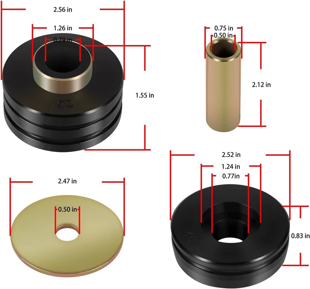 Universal mounts and isolators dimensions chart for black isolator and gold sleeve parts