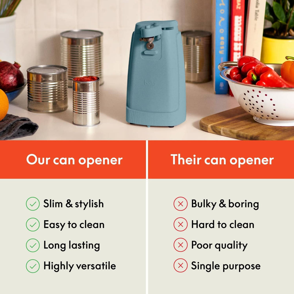 Teal electric can opener shown with multiple cans on counter, compact upright body