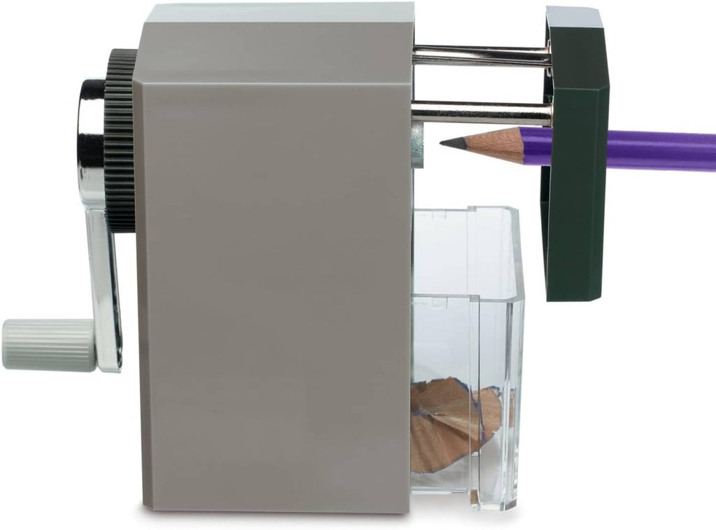 Manual desktop pencil sharpener with visible blade mechanism and clear shavings bin