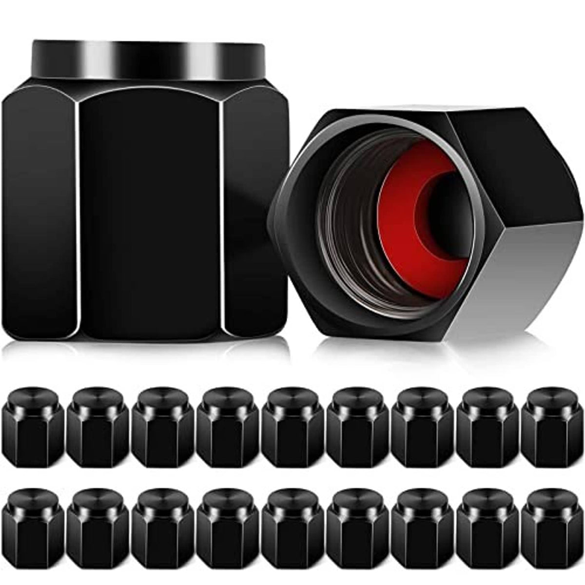 Hexagon tire valve caps, black aluminum set with front view and row of caps