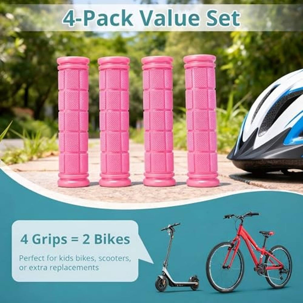 Four pink rubber bicycle handlebar grips in a pack, textured grid pattern