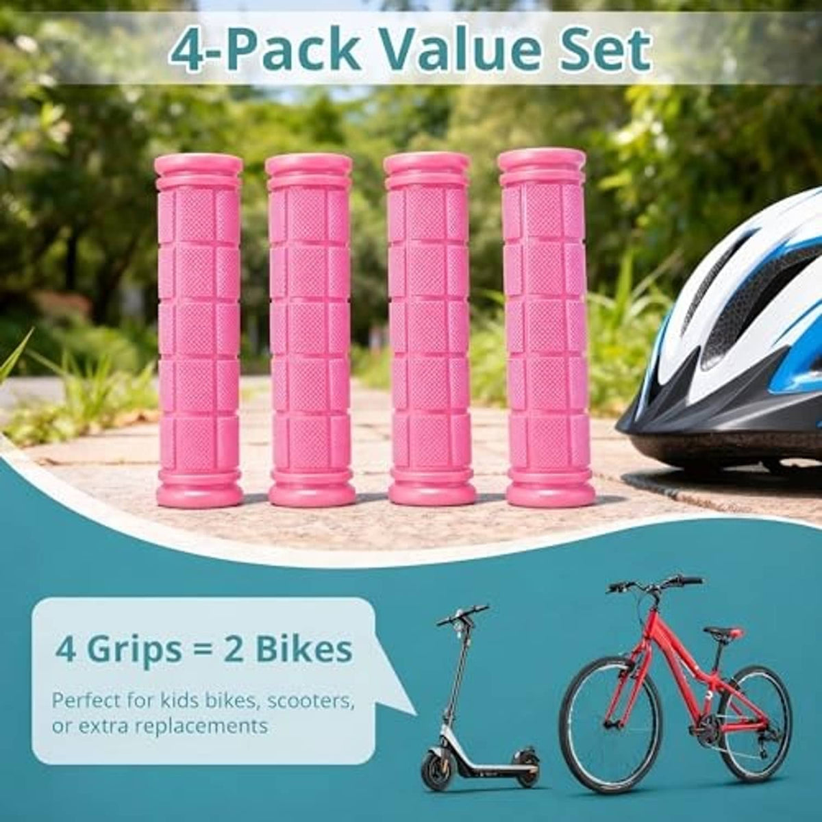 Four pink rubber bicycle handlebar grips in a pack, textured grid pattern