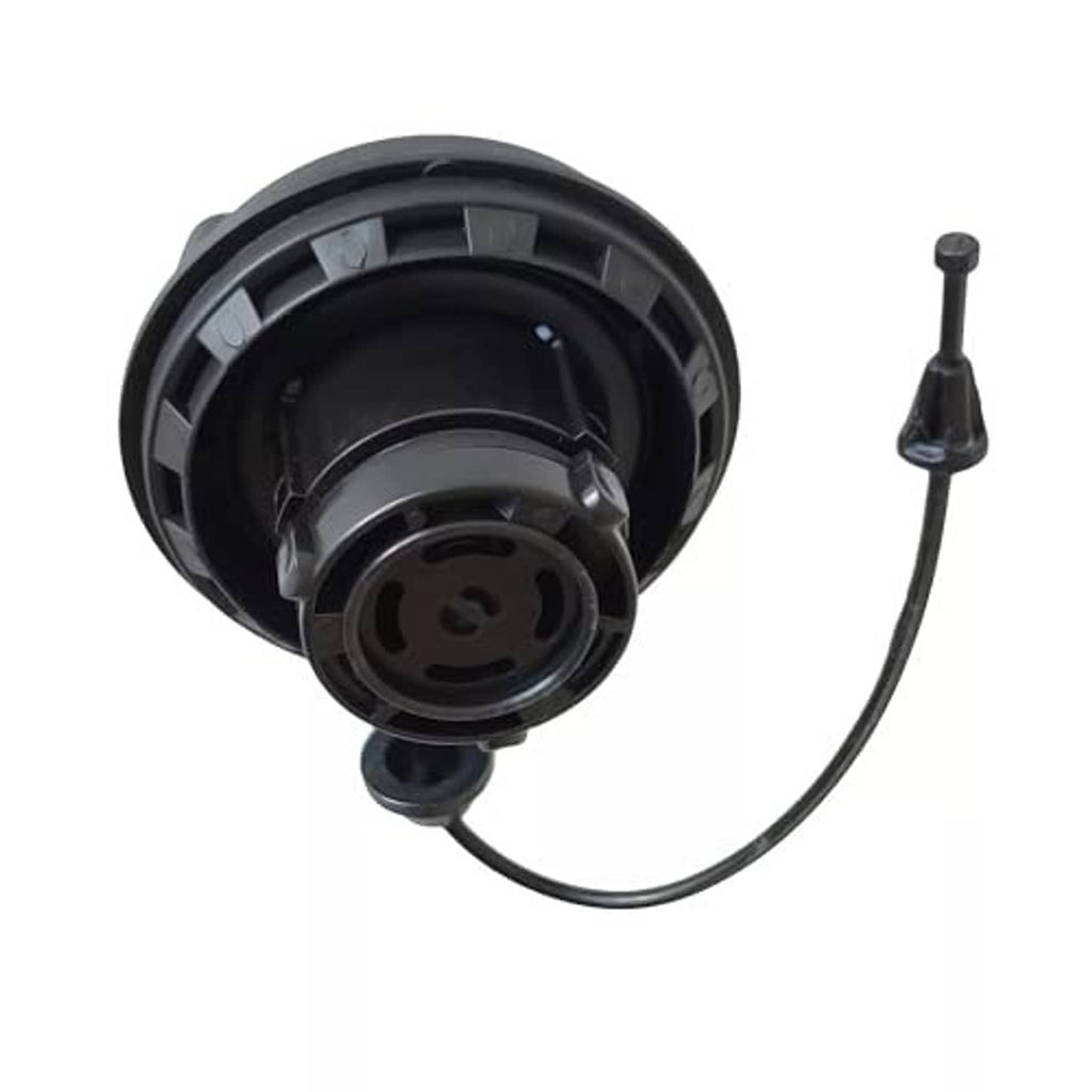 Rear view of black fuel tank filler gas cap with vent hose connection