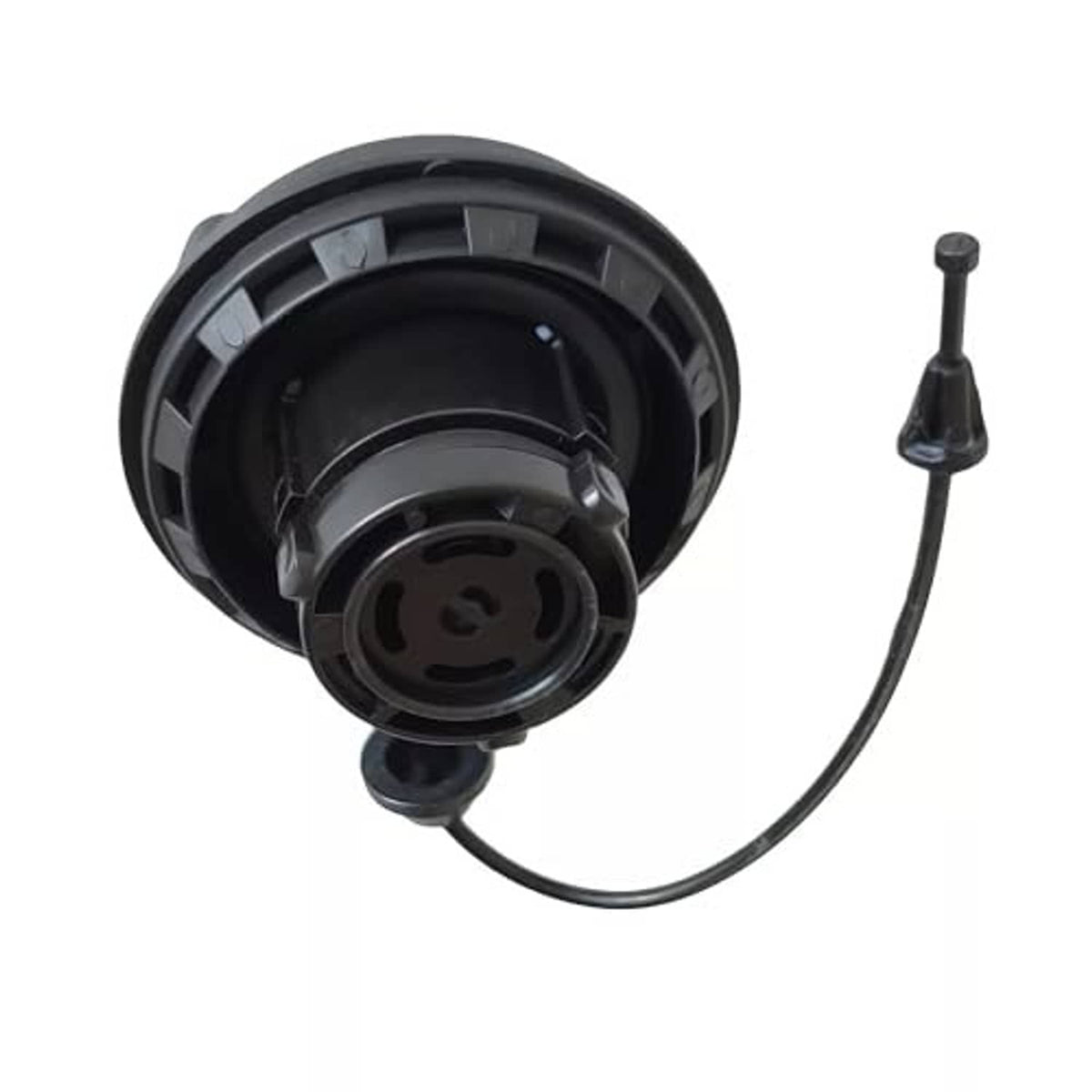 Rear view of black fuel tank filler gas cap with vent hose connection