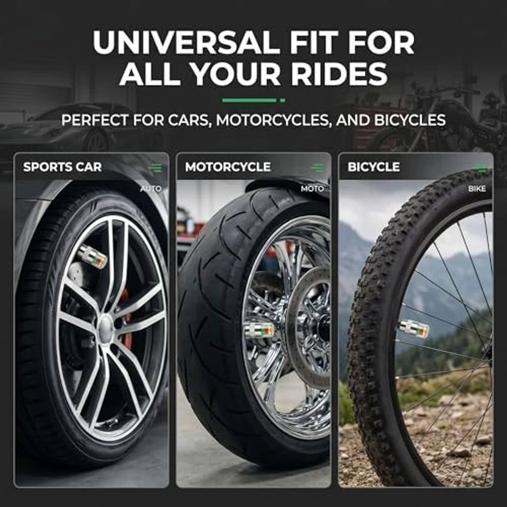 Universal tire pressure monitor valve caps shown for car, motorcycle, and bicycle tires