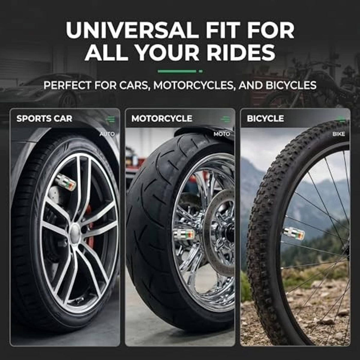 Universal tire pressure monitor valve caps shown for car, motorcycle, and bicycle tires