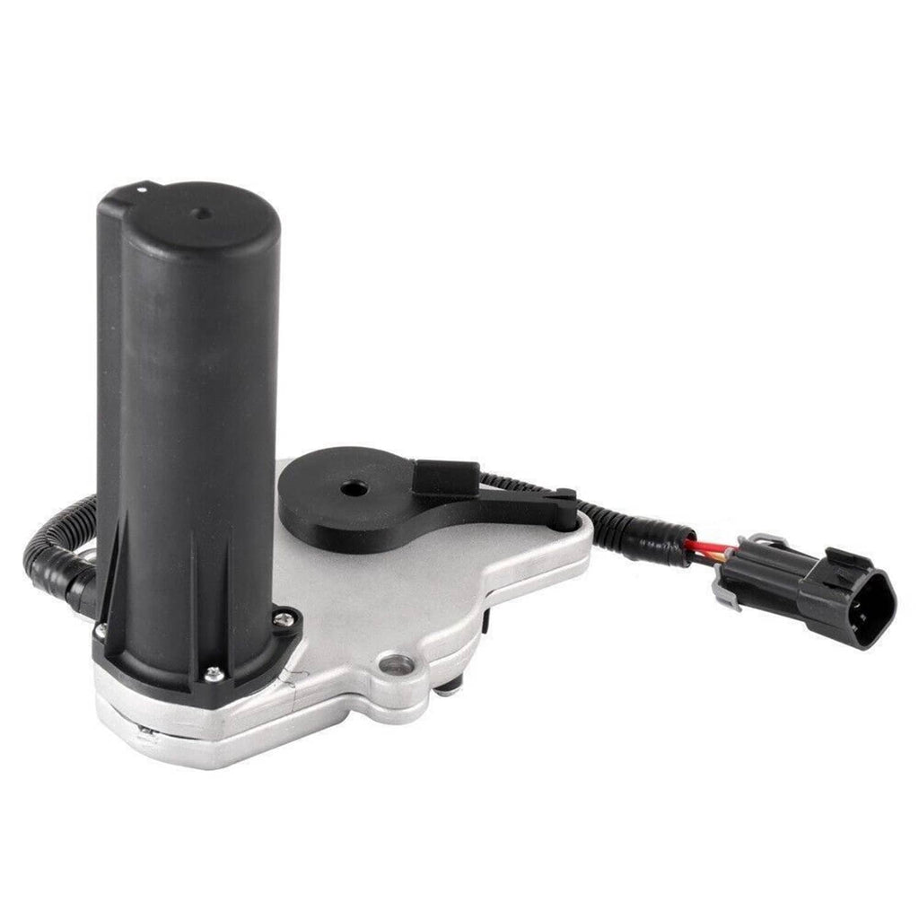Transfer case shift motor actuator with upright black cylinder and electrical connector