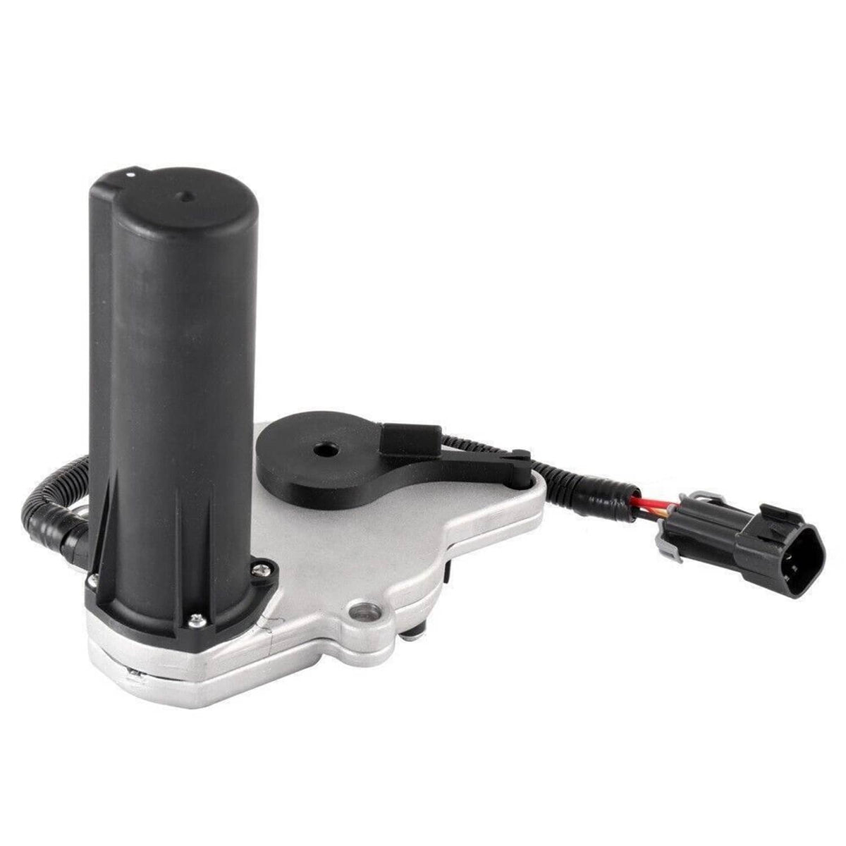 Transfer case shift motor actuator with upright black cylinder and electrical connector