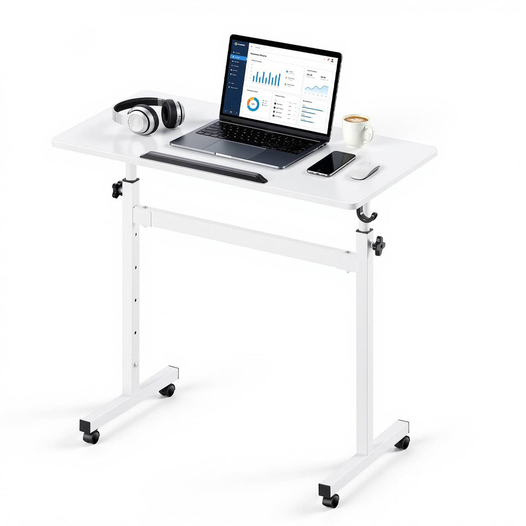 Adjustable height standing desk with tilting desktop, white frame, and caster wheels