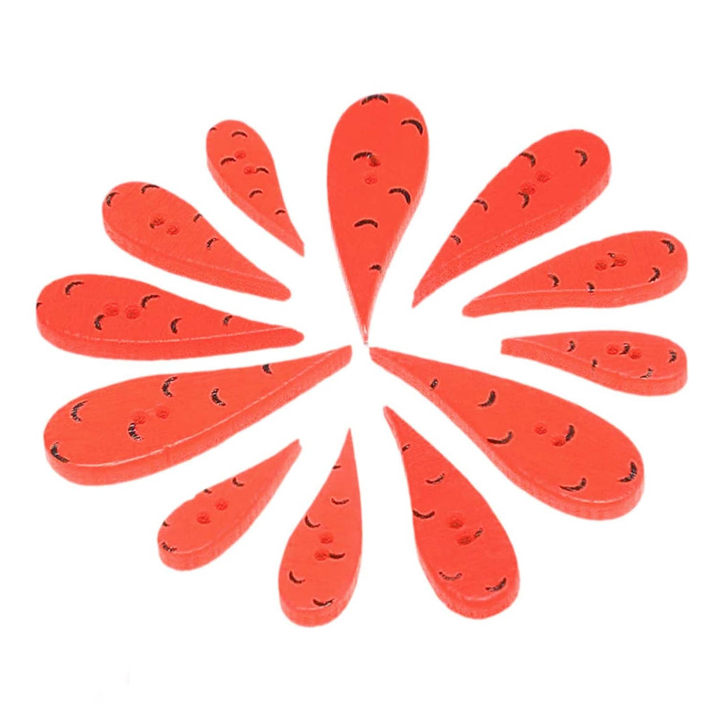 Red water-drop wooden buttons with smiley faces, scattered arrangement