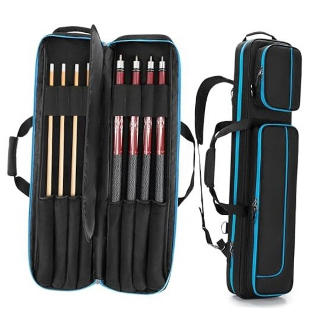 Black pool cue case with blue trim, open interior with cue slots and side pocket