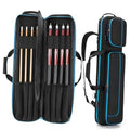 Black pool cue case with blue trim, open interior with cue slots and side pocket
