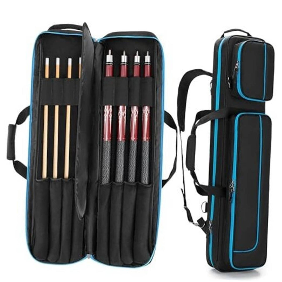 Black pool cue case with blue trim, open interior with cue slots and side pocket