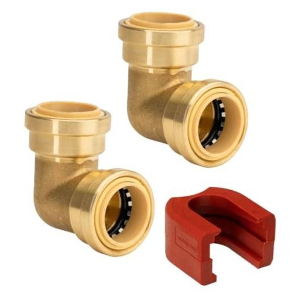 Brass 90-degree elbow push-to-connect fitting, 1 in PTC (2-pack) with red clip