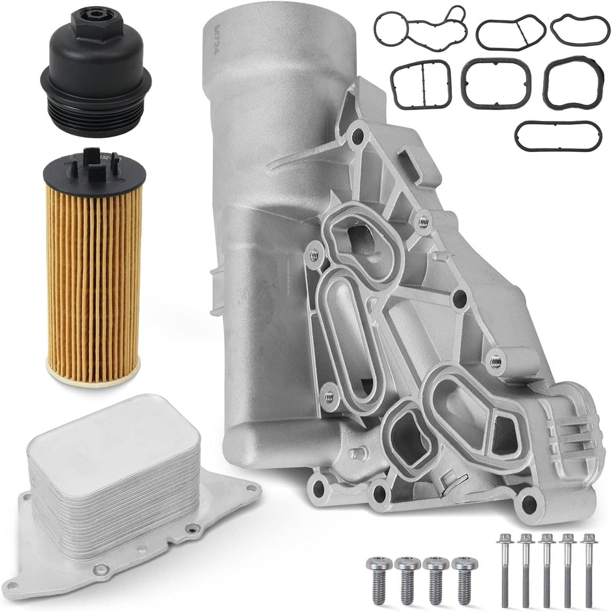 Oil cooler filter housing assembly with oil filter element, gaskets, and mounting bolts