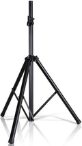 Adjustable black tripod speaker stand with three legs and height pole