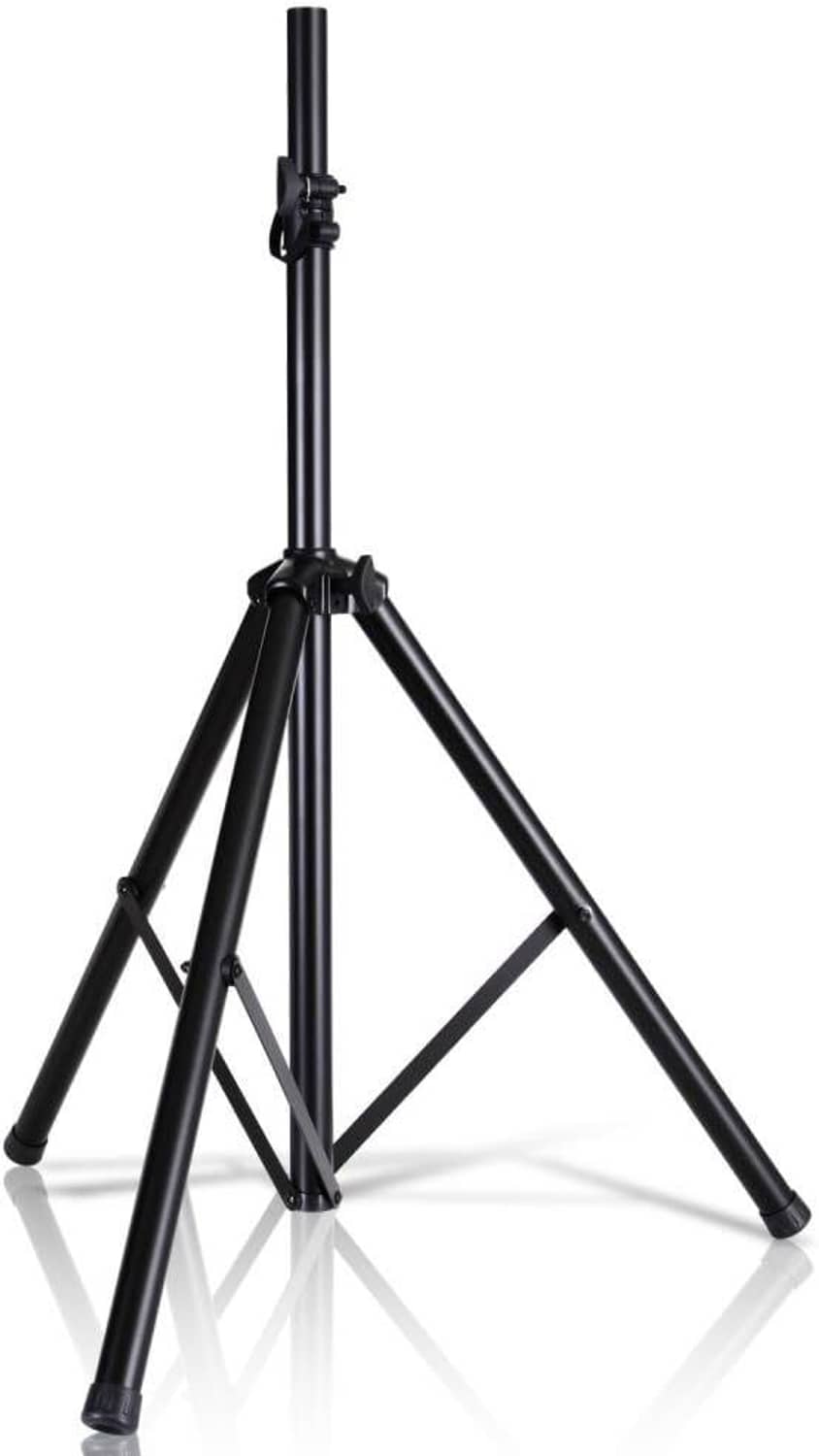 Adjustable black tripod speaker stand with three legs and height pole