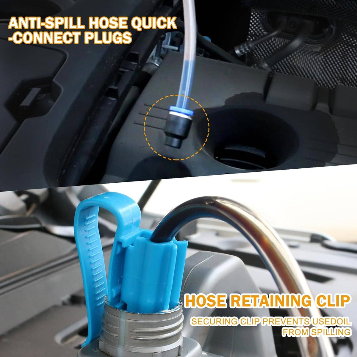 Anti-spill hose quick-connect plug with blue retaining clip securing the tubing
