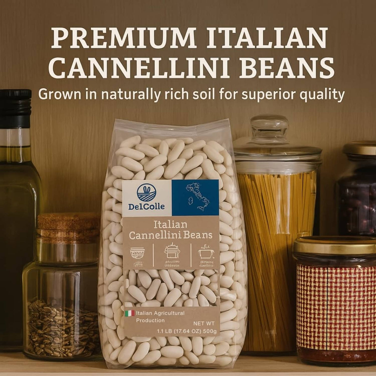 Italian cannellini beans pack with white beans visible through clear plastic