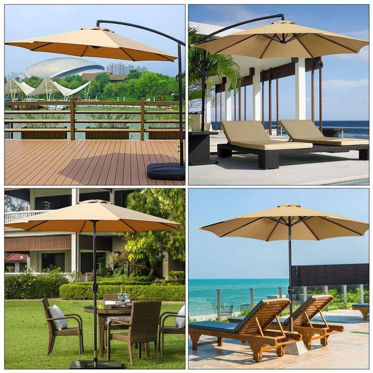 Tan patio umbrella canopy top on a stand, shown over outdoor seating