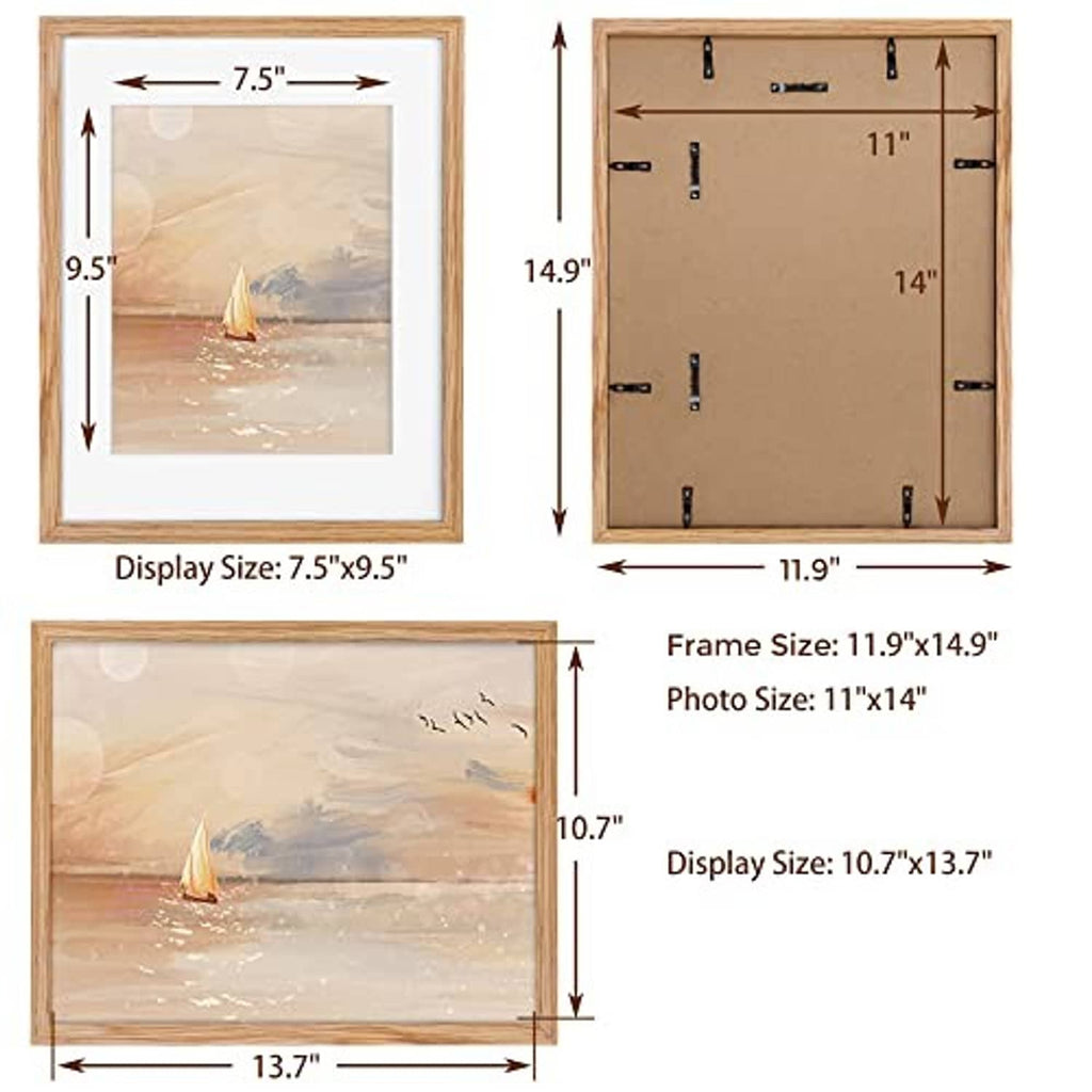 Oak wood 11x14 picture frame with display and photo size measurement layout