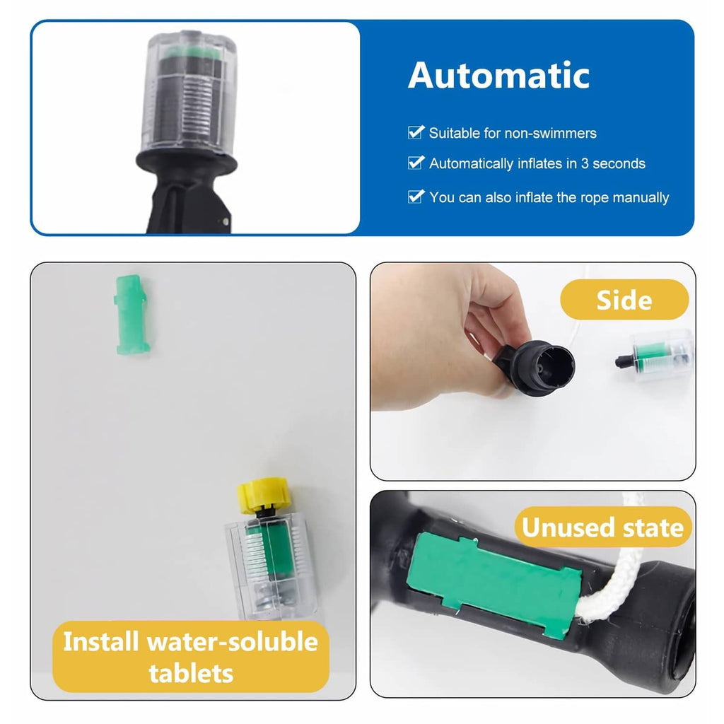 Life jacket inflator unit with black housing and green rearming connector